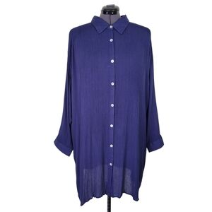 Roamans Crepe Dress Size 26W Blue Button Front Dolman Roll Tab Sleeve Rayon New